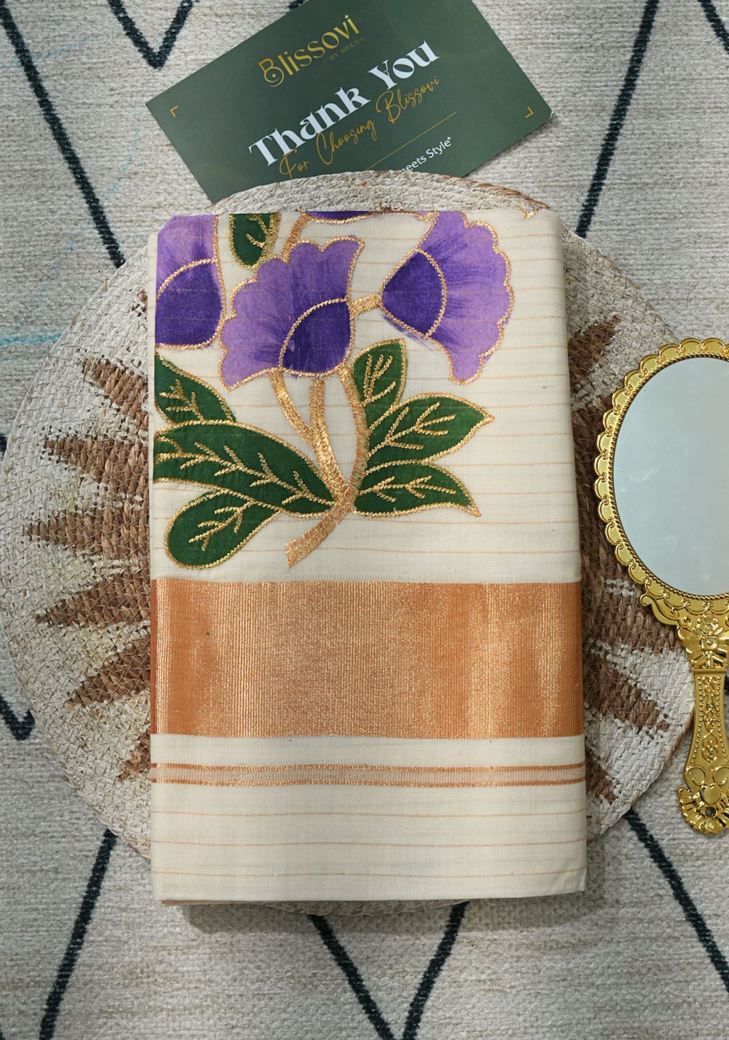 Indrani Purple Bloom Kasavu Saree