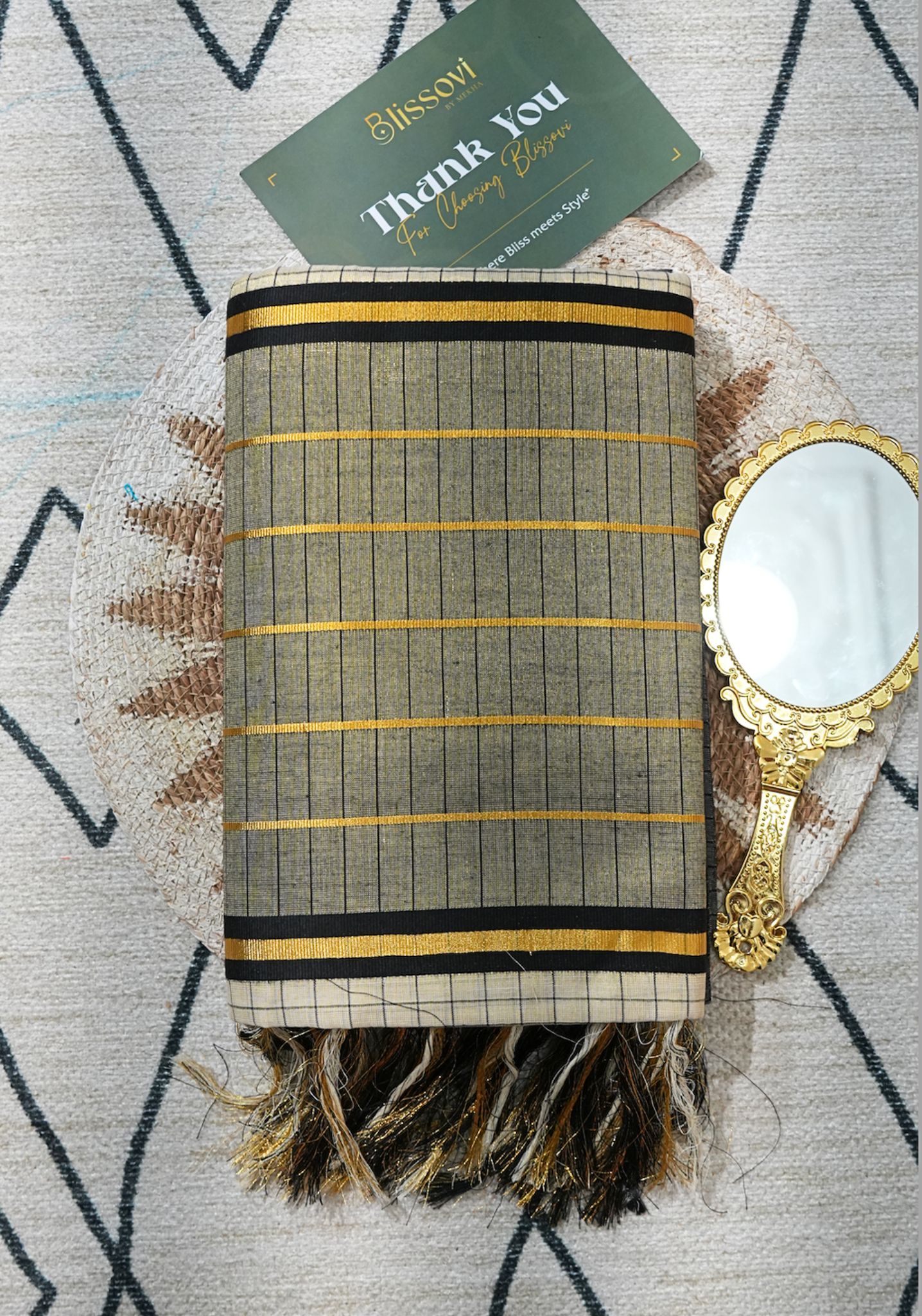 Noir Temple Grid Tussar Fusion Saree