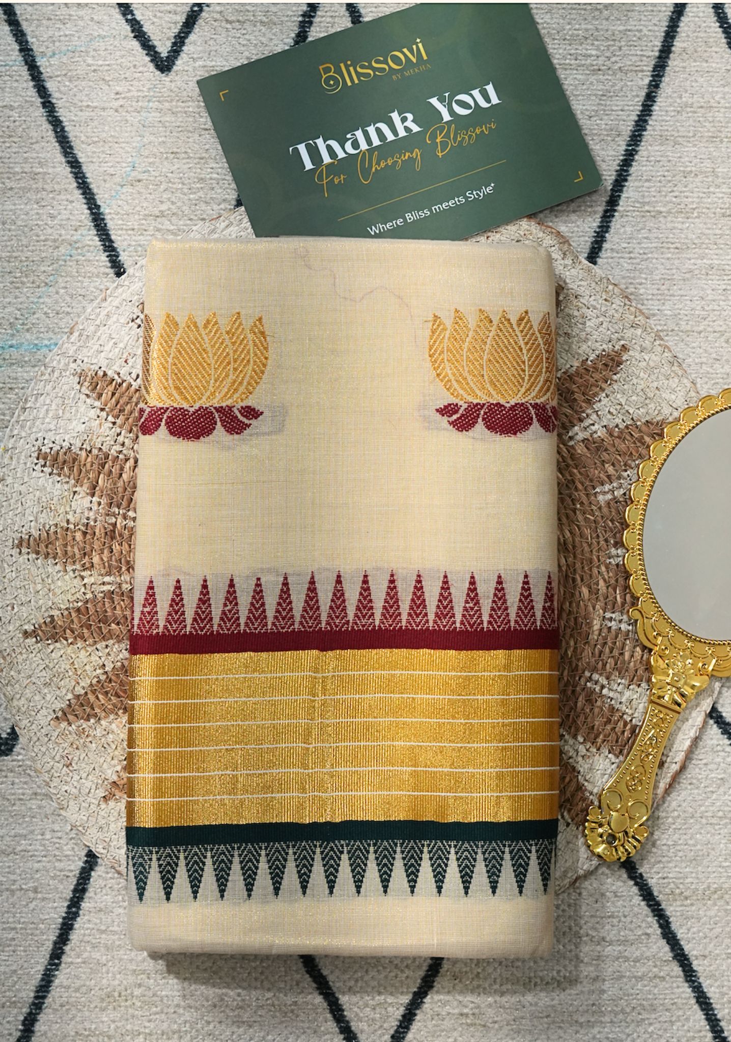 Trivarna Lotus Temple Kasavu Tissue Saree